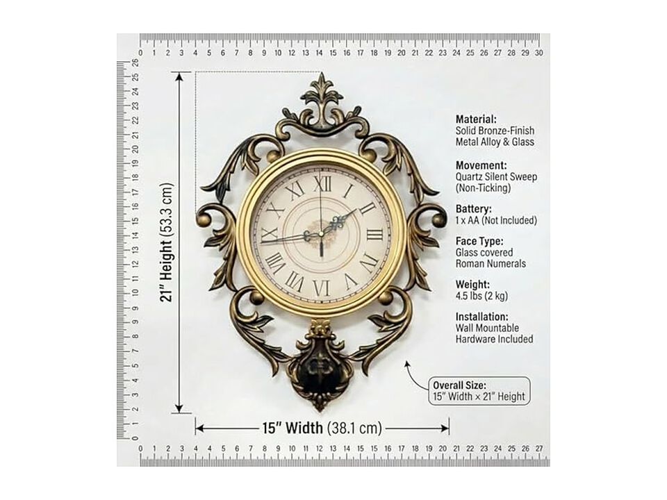 Vintage Classic Retro Entryway Wall Clock 21 Inch Silent Non Ticking