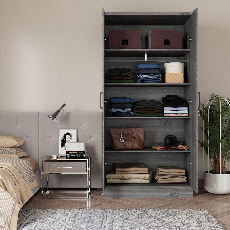 Better Home Products Harmony Wood Two Door Armoire Wardrobe Cabinet in Gray