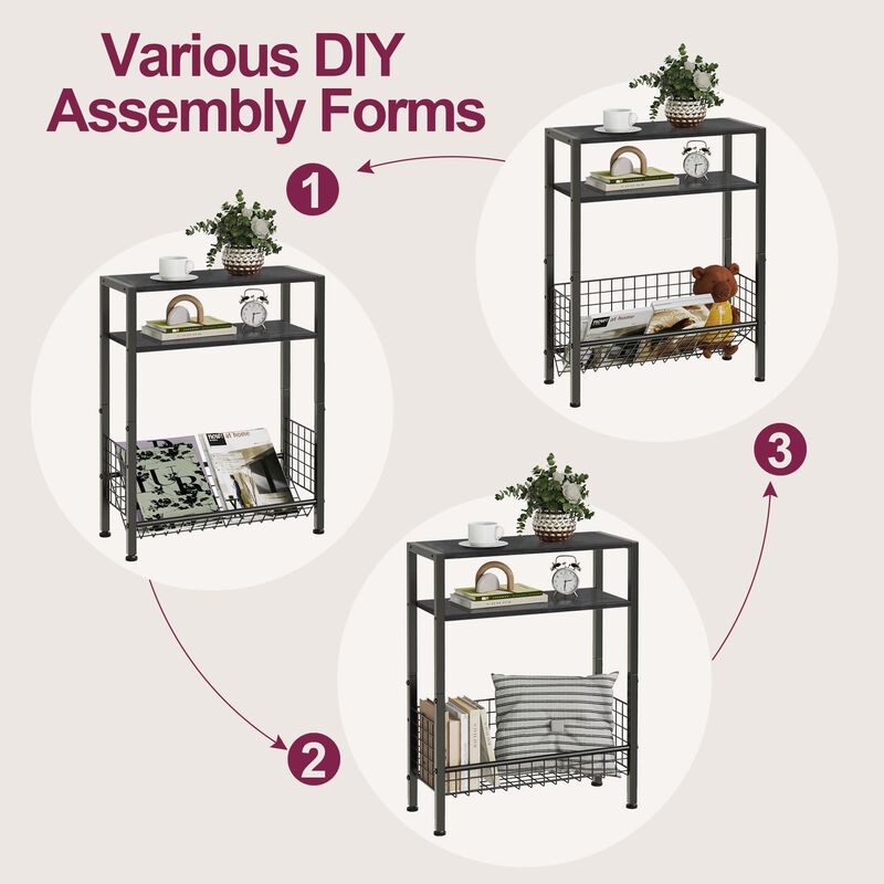 Lifenite DIY Narrow Side Table, 3 Tier End Table with Various Storage Basket, Slim Sofa Side Table for Small Spaces, Skinny Nigh