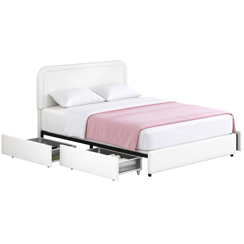 Queen Storage Bed with 4 Drawers, Ivory Boucle Upholstered Platform Bed, No Box Spring Needed image number 2