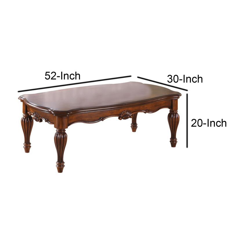 Vintage Rectangular Wooden Coffee Table with Fluted Legs, Cherry Brown-Benzara