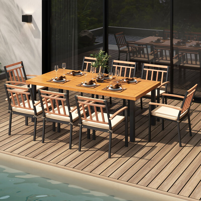 9 Pieces Outdoor Dining Set With Umbrella Hole and Wide Chairs