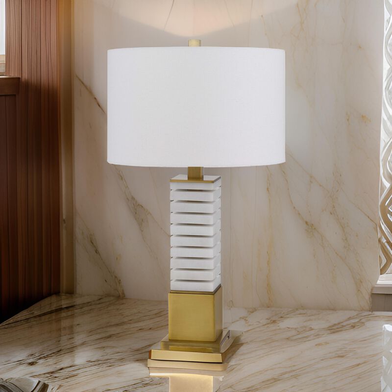 28 Inch Table Lamp, White Drum Hardback, Marble and Antique Brass Finish - Benzara