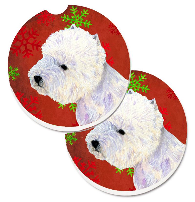 Caroline's Treasures Westie Red & green Snowflakes Holiday Christmas Set of 2 Cup Holder Car Coasters LH9315CARC, 2.56, Multicolor image number 0