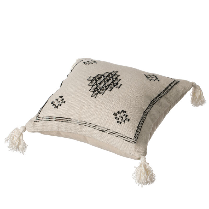16" Throw Pillow Cover with Southwest Tribal Pattern and Corner Tassels, Black & White