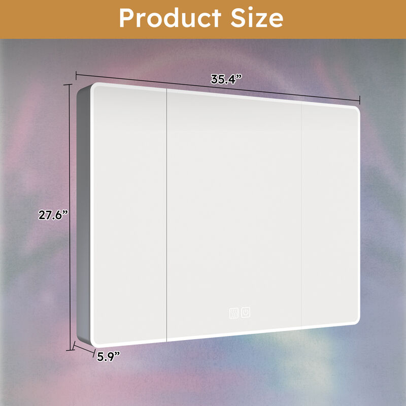 ELEMENT ACE Aluminum Medicine Cabinet Mirror with LED Lighting and Defogging Function - 35x28 Inch Bathroom Storage Solution image number 2
