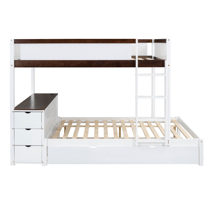 Whisen Full-Over-Full Bunk Bed with Trundle Desk Drawers, Solid Wood for Bedroom Kids
