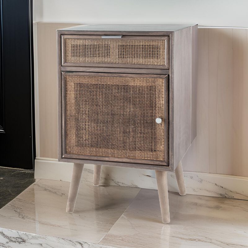 Pia 28 Inch Accent Cabinet, 1 Drawer, Pine Wood, Woven Rattan Door, Brown - Benzara