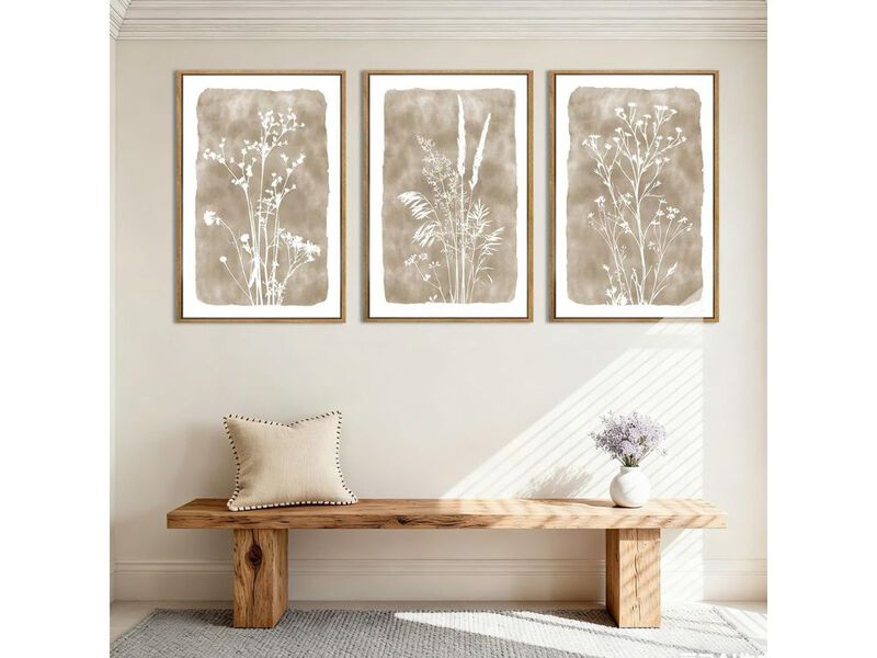 Beige Neutral Floral Canvas Wall Art Set 3 Framed Rustic Decor 16x24 In image number 1