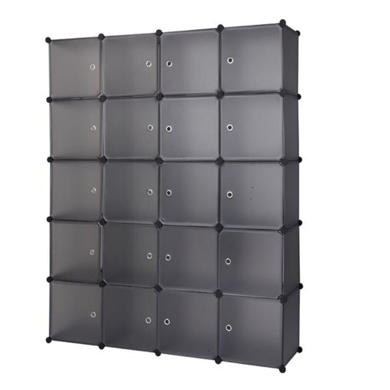 Multi-Functional 20-Cube Plastic Storage Shelves, Modular Closet Organizer with Hanging Rod & Doors