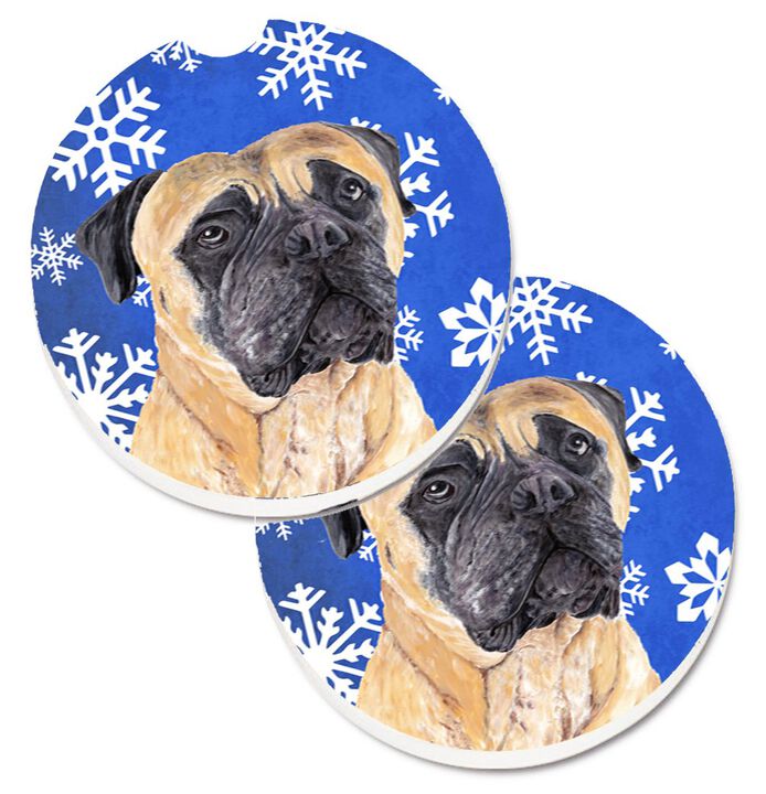 Caroline's Treasures Mastiff Winter Snowflakes Holiday Set of 2 Cup Holder Car Coasters SC9385CARC, 2.56, Multicolor
