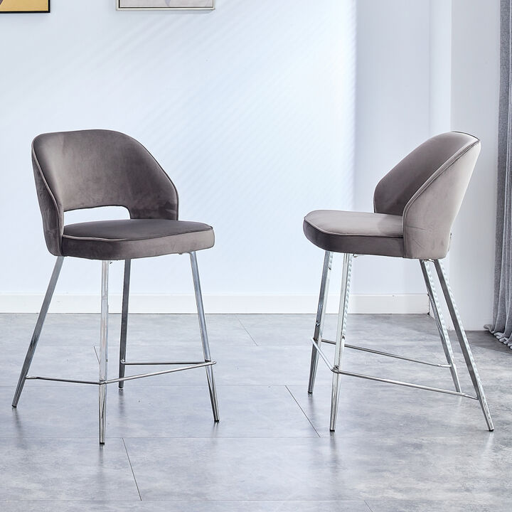 Bar Chair.Dining Chair.Stylish and Comfortable Velvet Barstool.with High-Density Foam Chair, Durable Electroplated Metal Legs, and Stable Structure for Home, Bar, and Cafe.(Set of 2)Grey