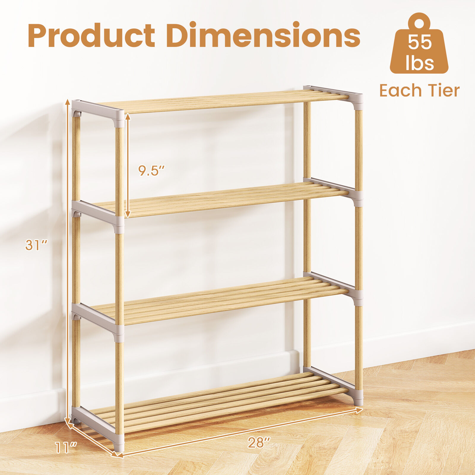 4-Tier Wooden Shoe Storage Rack with Slatted Open Shelves-Natural