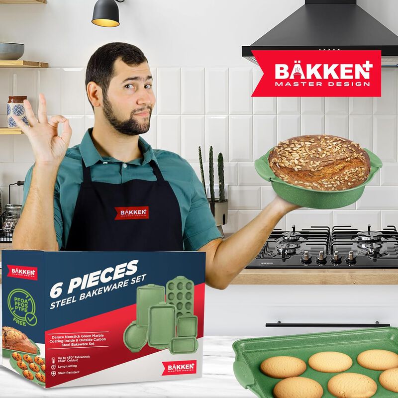 BAKKEN Kitchen Baking Pan Set - Nonstick Coating, Carbon Steel Bakeware Sets with Silicone Handles, Baking Kitchen Essentials, PFOA, PFOS, PTFE Free, Oven Safe Tray (Up To 450° F), Set of 6