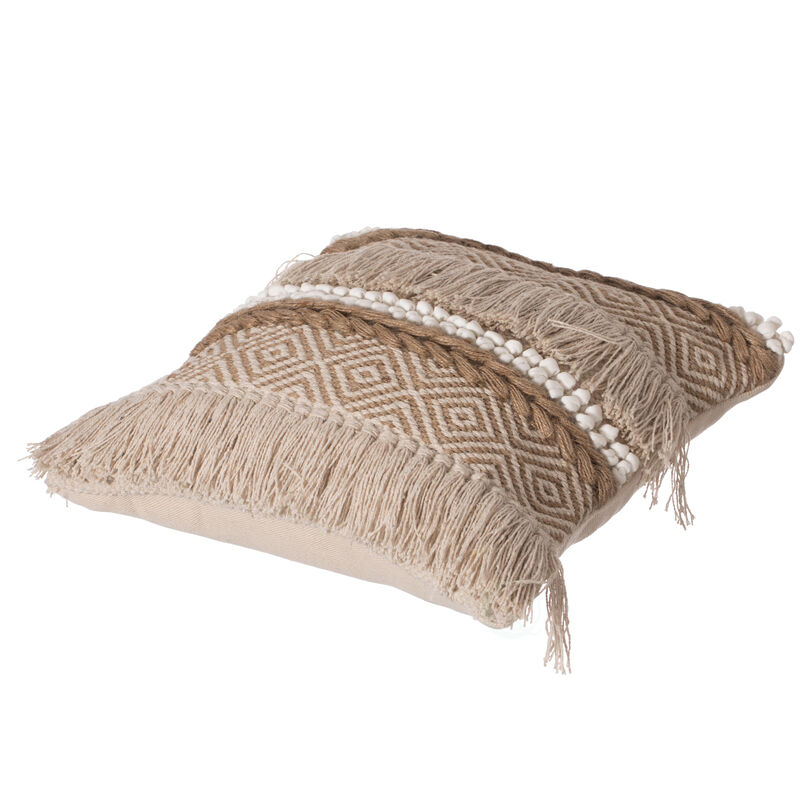 16" Handwoven Cotton Throw Pillow Cover with Embossed White Dots and Natural Fringed Pattern, Natural