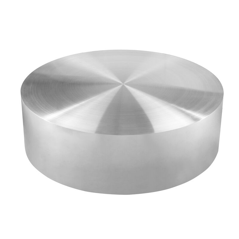 Rano Coffee Table, 40 Inch Round Silver Iron Top, Modern Drum Shape - Benzara image number 2