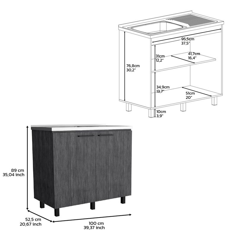 DEPOT E-SHOP Salento 2 Freestanding Utility Base Cabinet with Stainless Steel Countertop and 2-Door, Smokey Oak