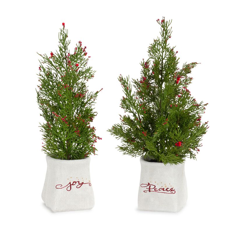 Set of 2 Mini Pine Trees with Berries in Ceramic Pots for Holiday and Seasonal D&eacute;cor