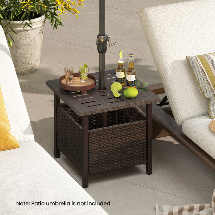 Weather-Resistant PE Wicker Side Table – Outdoor Table with Center Hole for Umbrella