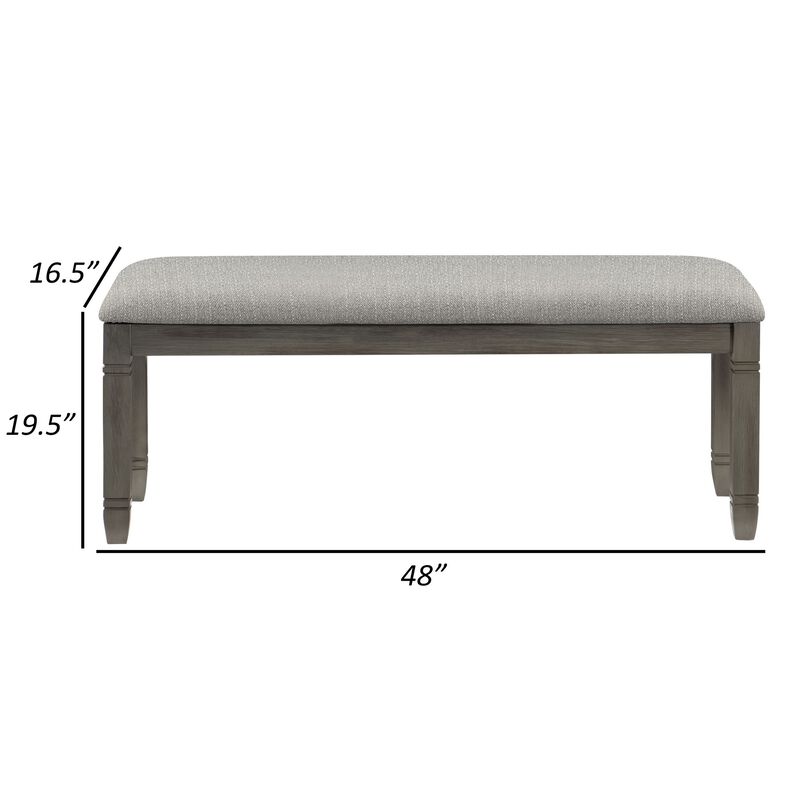 Rome 48 Inch Bench, Gray Textured Fabric, Padded Seat, Antique Gray Wood-Benzara