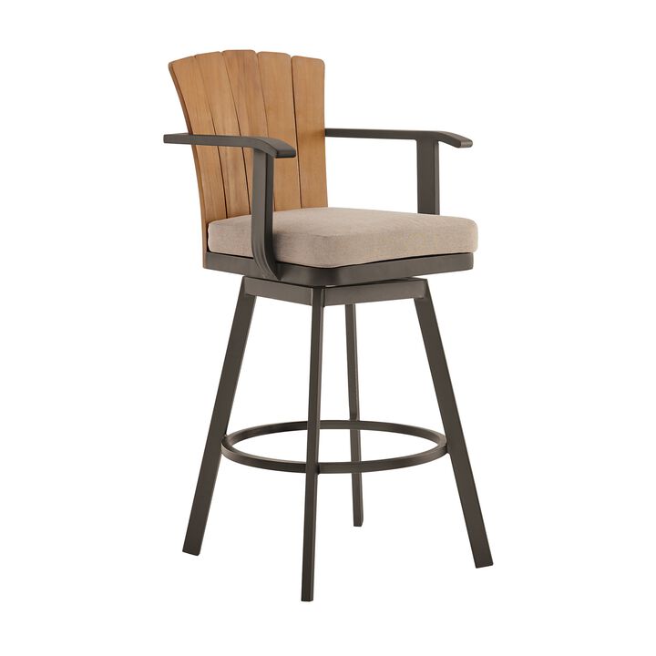 Luna 30 Inch Outdoor Swivel Barstool Chair, Rustic Teak Wood, Brown - Benzara