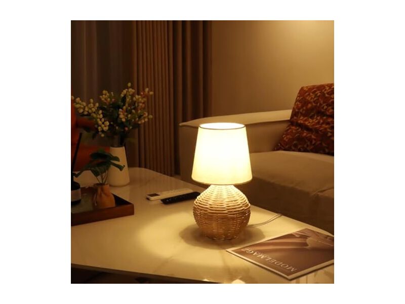 LED Farmhouse Boho Rattan Linen Table Lamp For Bedroom Living Room image number 2