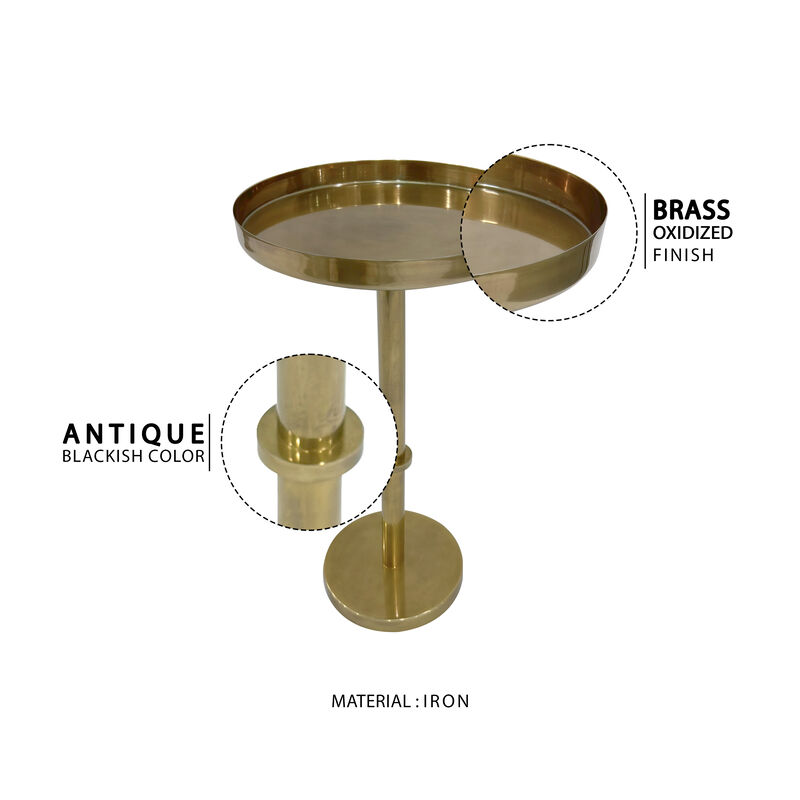 Ara 22 Inch Side End Table, Vintage Sleek Pillar Base, Round Tray Top, Oxidized Antique Brass