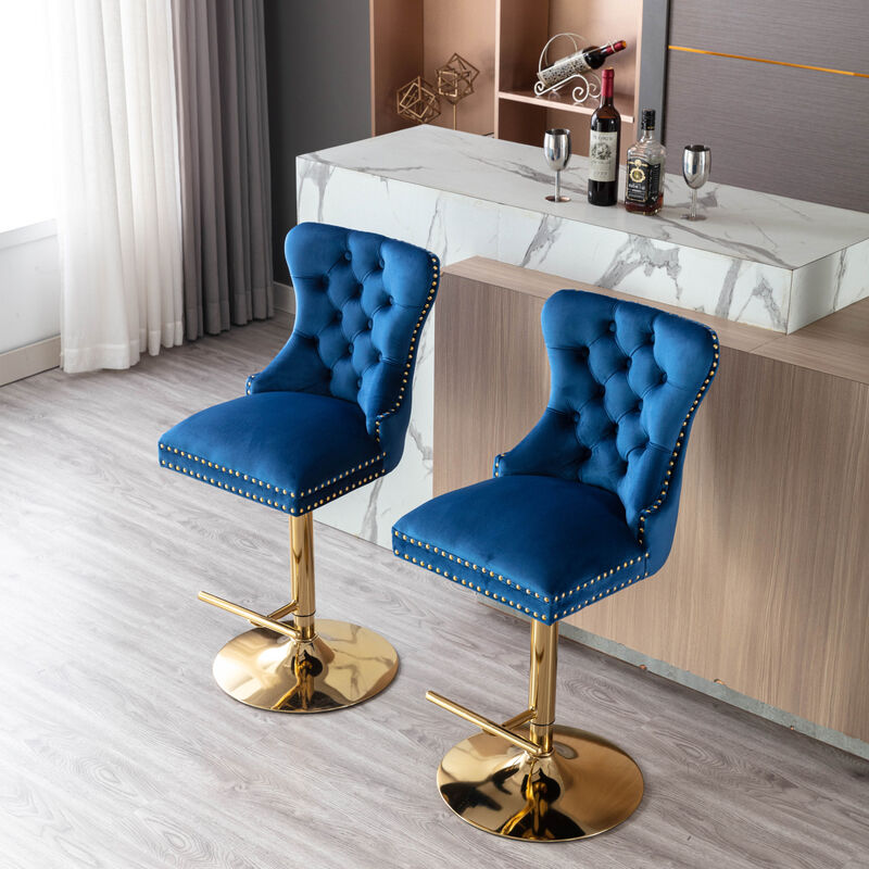 Swivel Bar Stools Chair Set of 2 Modern Adjustable Counter Height Bar Stools, Velvet Upholstered Stool with Tufted High Back & Ring Pull for Kitchen, Chrome Golden Base, Blue