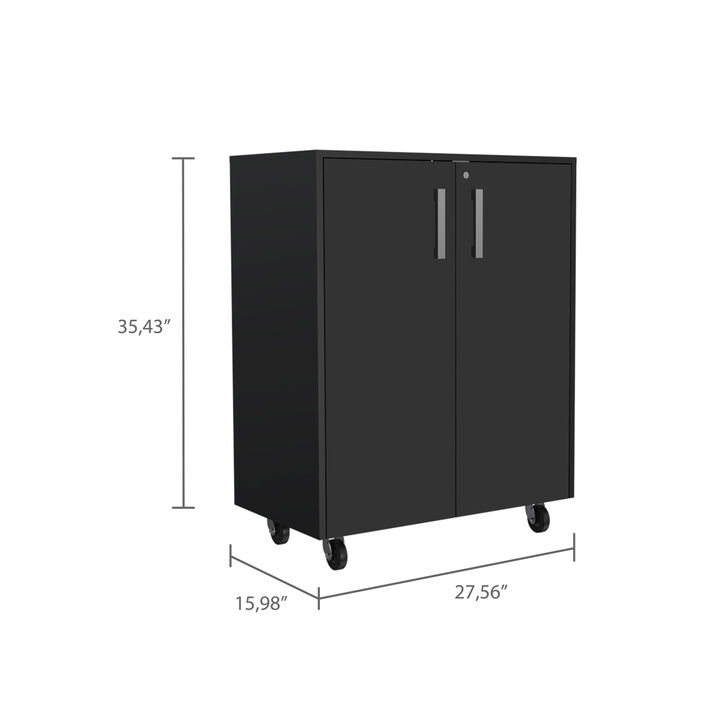 Storage Cabinet, Casters, Double Door, Two Interior Shelves -Black