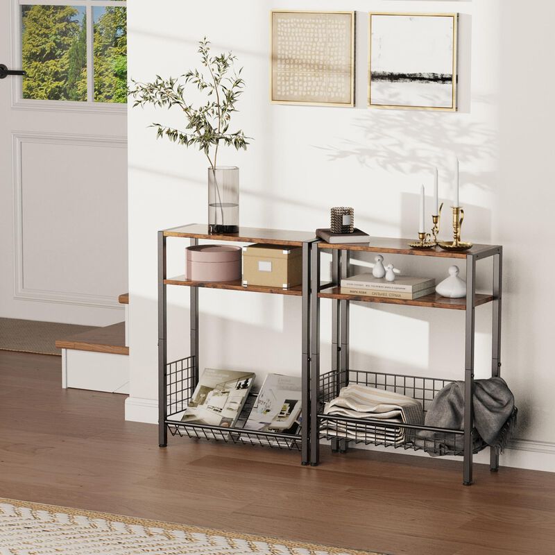 Lifenite DIY Narrow Side Table, 3 Tier End Table with Various Storage Basket, Slim Sofa Side Table for Small Spaces, Skinny Nigh