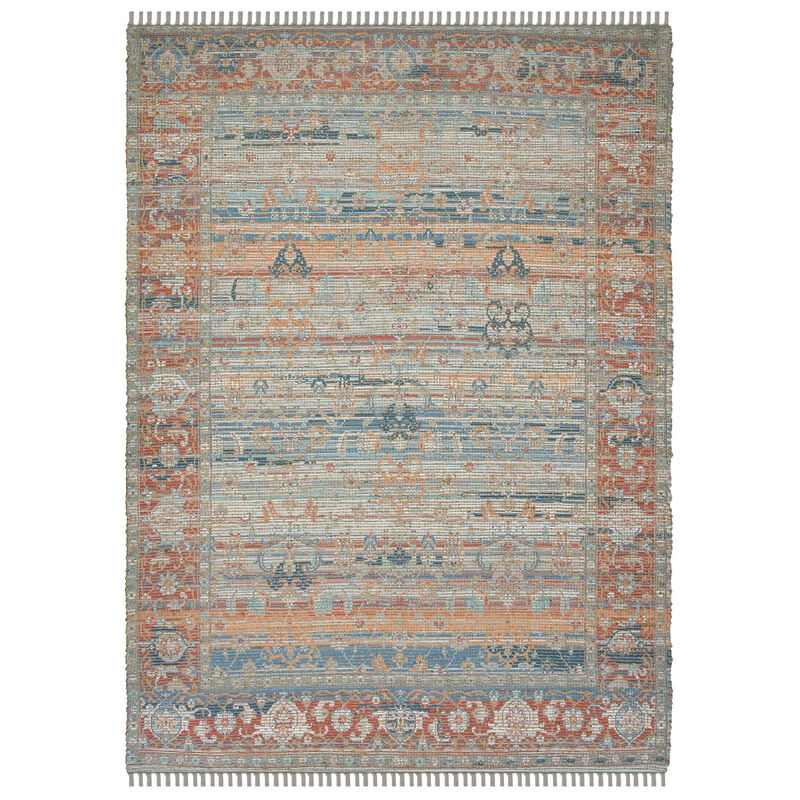 HomeRoots 5' X 7' Blue Brick Red And Ivory Oriental Hand Woven Area Rug With Fringe image number 2