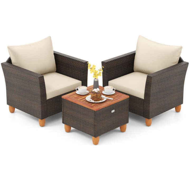 Hivvago 3 Pieces Patio PE Wicker Furniture Set with Cushions and Acacia Wood Storage Coffee Table