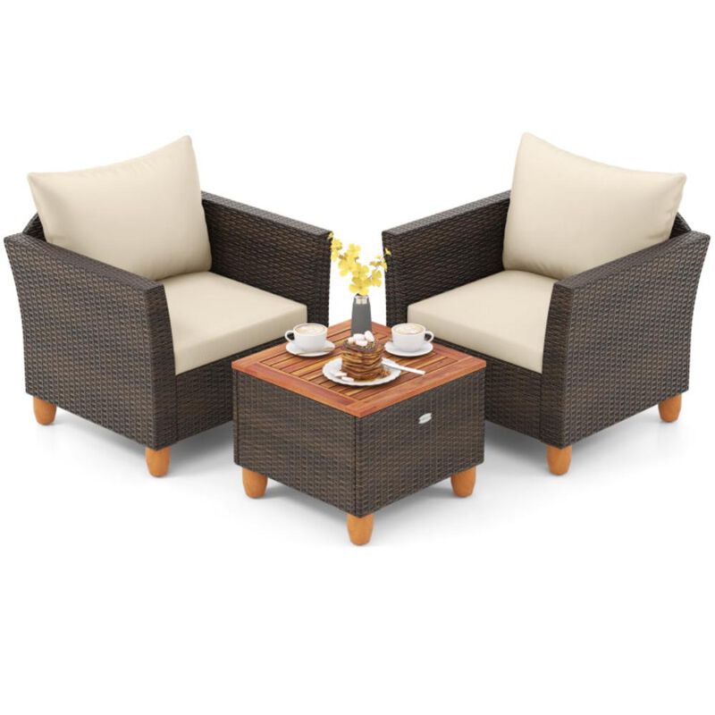 Hivvago 3 Pieces Patio PE Wicker Furniture Set with Cushions and Acacia Wood Storage Coffee Table