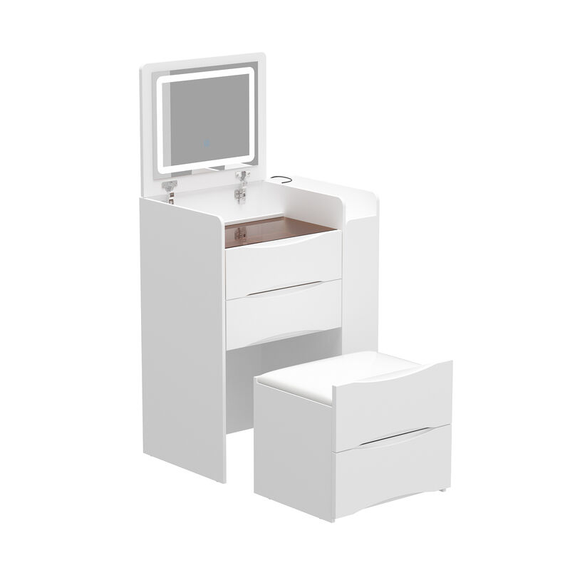 FUFU&GAGA Makeup Vanity with LED Lighted Mirror, Storage Drawers, Shelves, and Cushioned Stool (24.1" W x 15.7" D x 47.2" H), White
