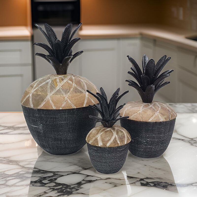14, 12, 11 Inch Lidded Jar, Pineapple Design, Gray Mango Wood, Set of 3 - Benzara