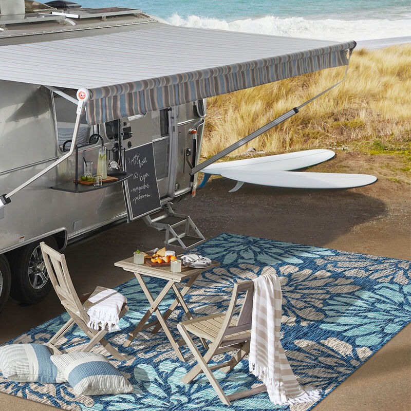 Zinnia Modern Floral Textured Weave Navy/Aqua. Indoor/Outdoor Runner Rug