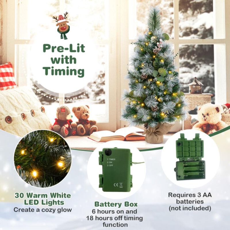 Hivvago 3 FT Pre-Lit Artificial Mini Christmas Tree with 98 Flocked PVC and Pine Needles