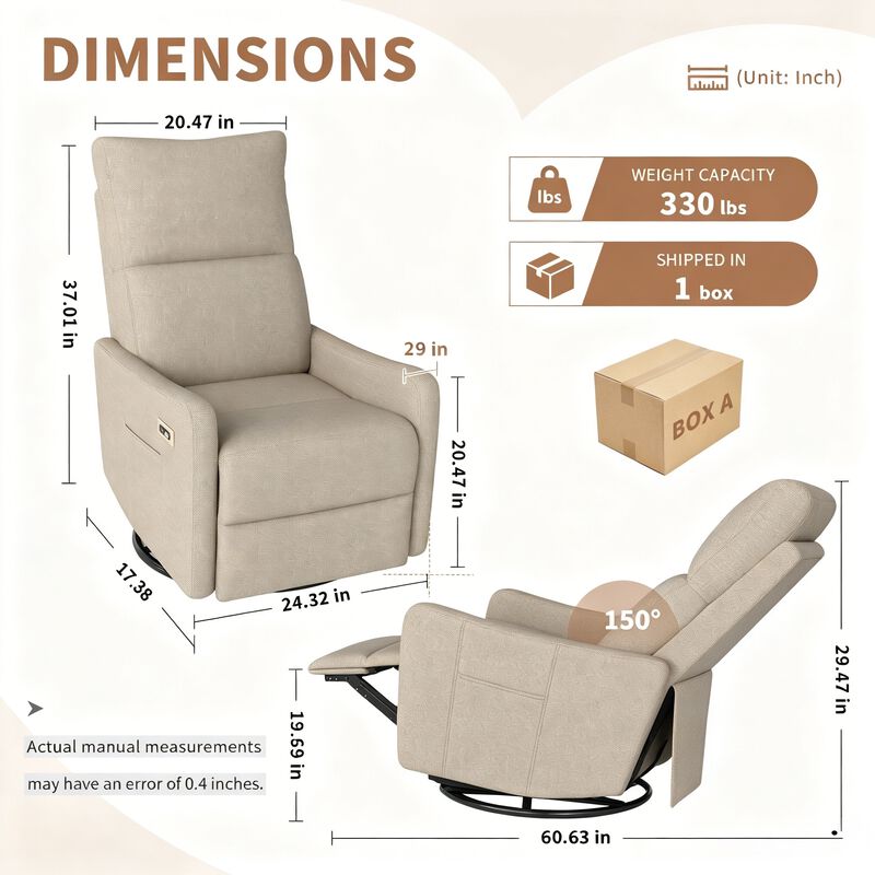 Power Swivel Recliner Rocking Chair,  270&deg; Swivel Rocker Chair, Upholstered Fabric Glider Recliner Nursery image number 9