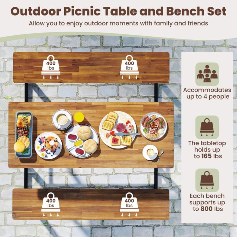 Hivvago Patio Picnic Table Bench Set with Acacia Wood Tabletop and Benchtop