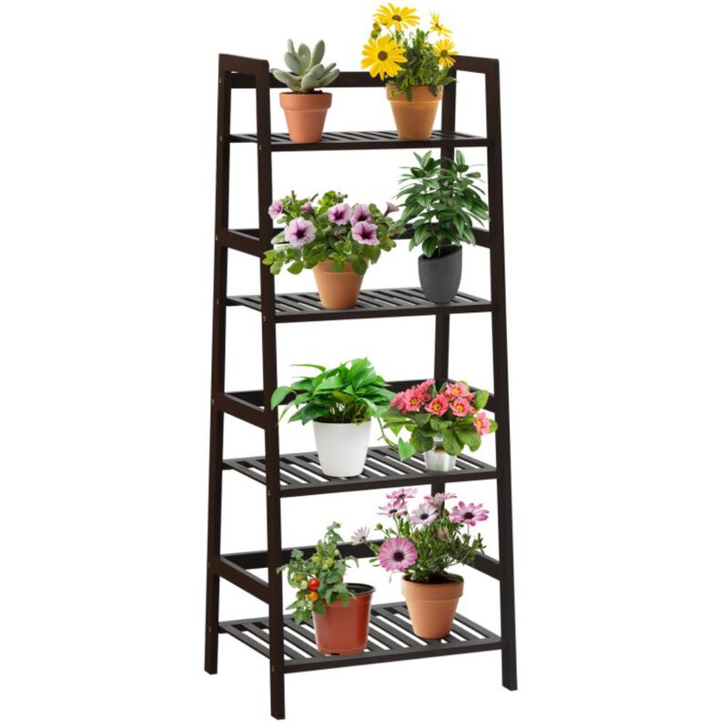 Hivvago 4-Tier Bamboo Plant Rack with Guardrails Stable and Space-Saving