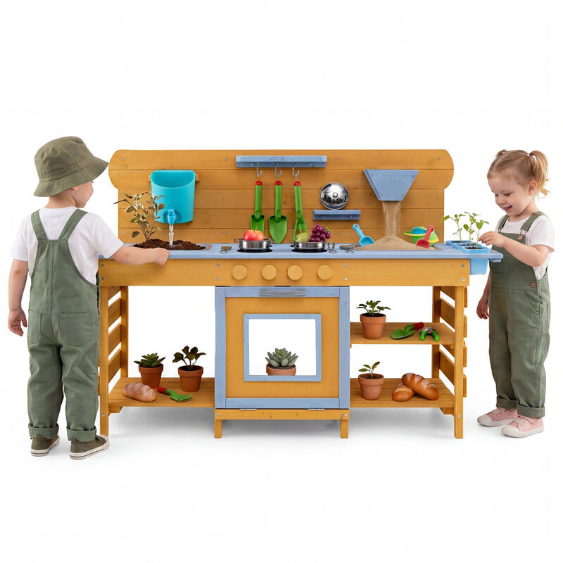 Outdoor Kids Mud Kitchen with Dual Sinks and 4 Stove Burners image number 3