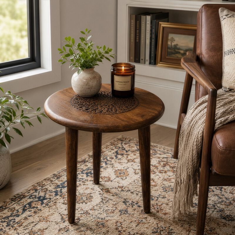 Ama 22 Inch Side End Table, Round Top, Indian Mandala Floral Carving, 3 Legs, Brown Mango Wood image number 1