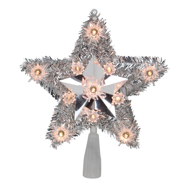 9" Silver Tinsel Star Christmas Tree Topper - Clear Lights