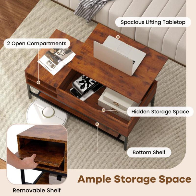 Hivvago Lift Top Coffee Table with Hidden Compartment and Removable Storage Shelf