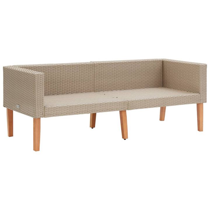 Outdoor Sofa, Beige Rattan, Gray Fabric Cushions, Brown Wood, 65 Inch - Benzara