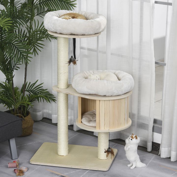 3-Level Cat Tree with Scratching Posts Cat Tower with Funny Cat Badminton Soft Cushion Multi-Platforms Natural
