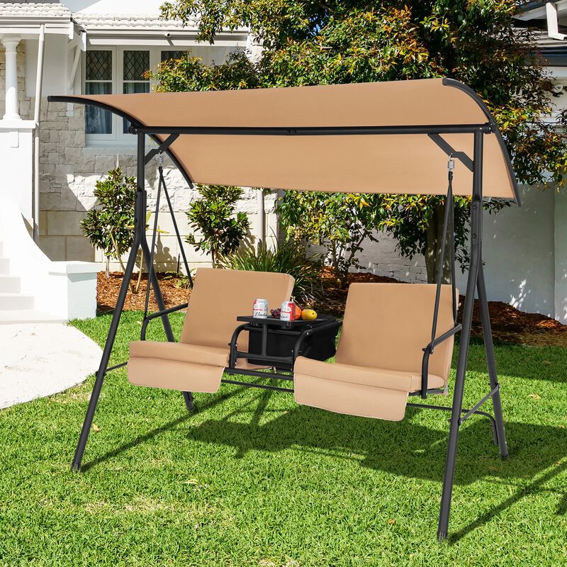 Mondawe 2-Person Canopy Metal Porch Swing Padded Chair with Cooler Bag Rotatable Tray