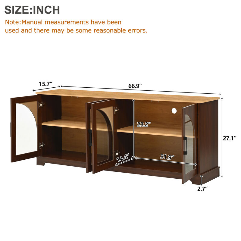 TATEUS Elegant Farmhouse Media Sideboard with Semi-Arched Glass Doors, 70" TV Stand Cable Management image number 6