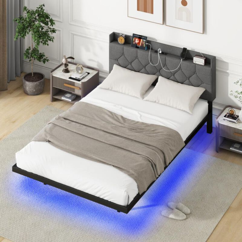 Hivvago Floating Bed Frame with LED and Headboard and Charging Station