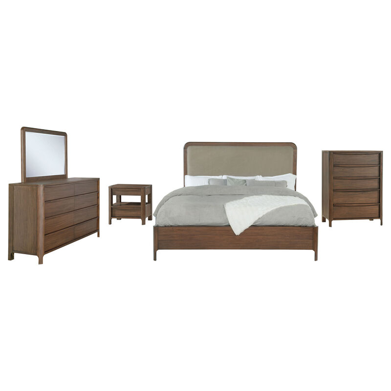 Rie 5pc Queen Bedroom Set with Dresser Mirror, Brown, Beige Upholstery